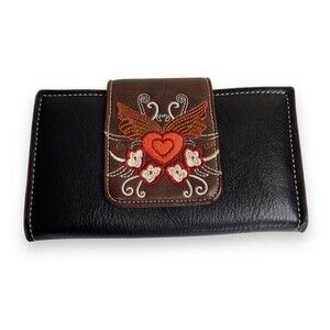 Haley Beez Fashion Floral Embroidered Magnet Snap Wallet Black Brown 7.5 X 4